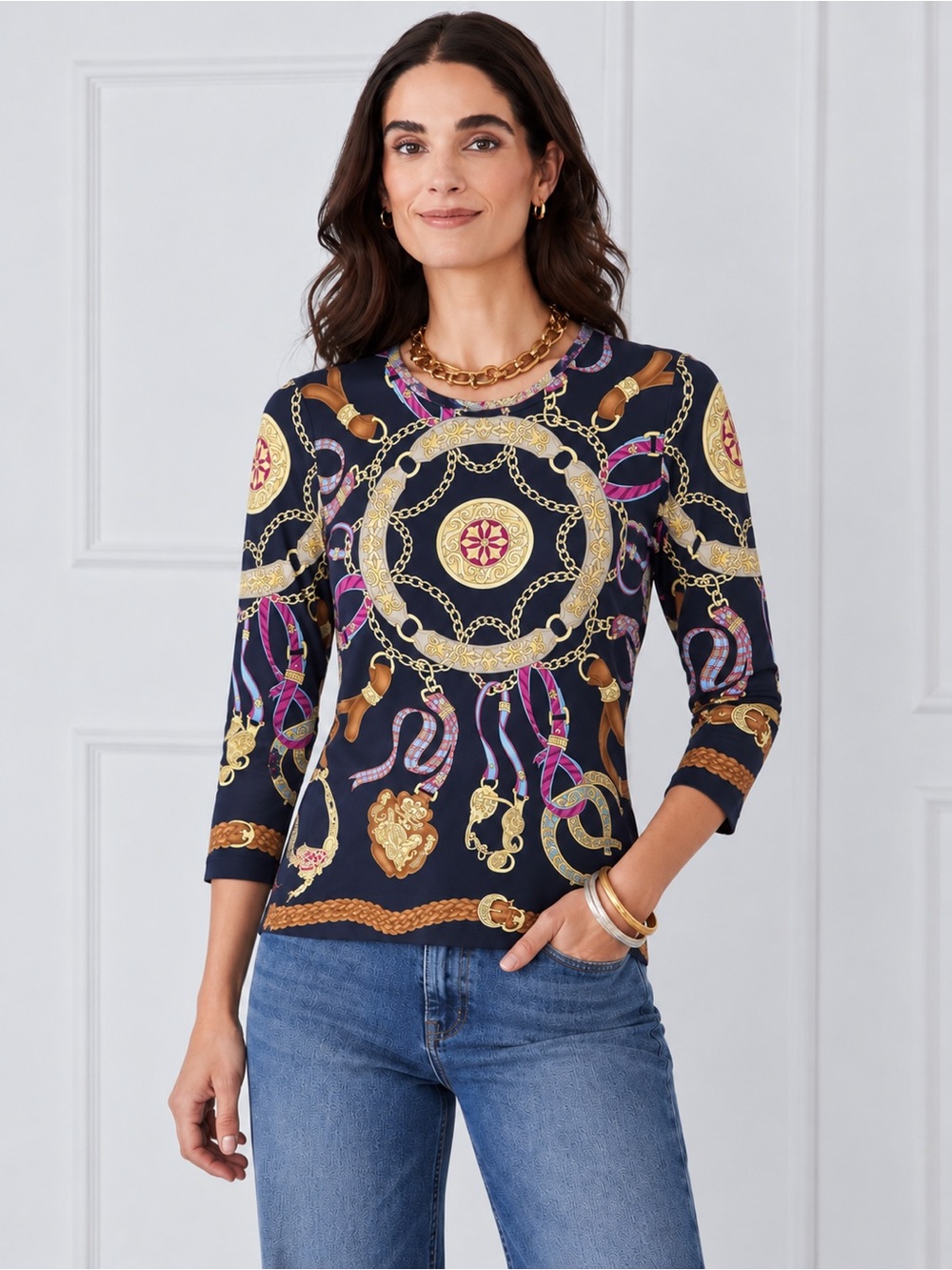 J. McLaughlin Signature Catalina Cloth Shirt Crewneck 3/4 Sleeves Size Small 923